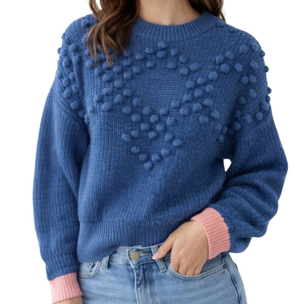 S134 Sachin & Babi Gracelle Cotton Knit Pom Sweater Blue with Pink Cuff